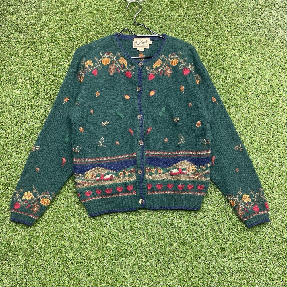 Vintage Woolrich Sweater Cardigan Womens Medium Fair Isle Leaf Button Knit Read
